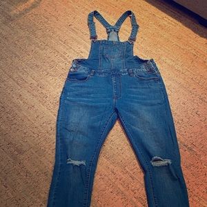 BOOHOO MATERNITY Dark Wash, Distressed Overalls